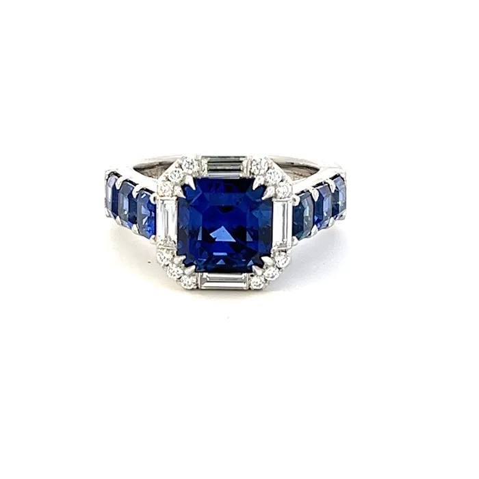 Rings OMI Gems Inc EmeraldCut Blue Sapphire and AsscherCut Sapphire Ring in Platinum