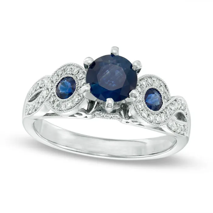 60mm Blue Sapphire and 020 CT TW Natural Diamond Antique VintageStyle Engagement Ring in Solid 14K White Gold Goldia Rings