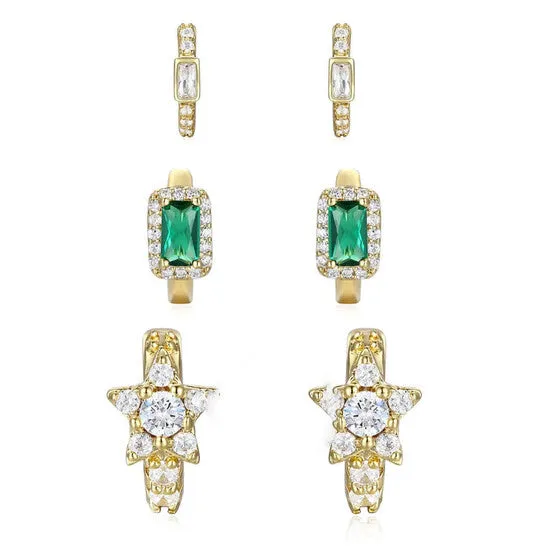 Earrings JMS always Original Megan Walford Sterling Silver 14k Gold Plated with Emerald Cubic Zirconia Halo Star 3Piece Hoop Earrings Set Earrings JMS always Original Megan Walford Sterling Silver 14k Gold Plated with Emerald Cubic Zirconia Halo Star 3Piece Hoop Earrings Set