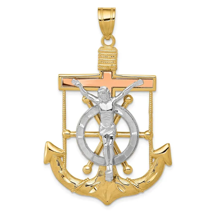 Goldia Necklaces 14k TriColor Gold Diamondcut wTextured Mariners Cross Pendant