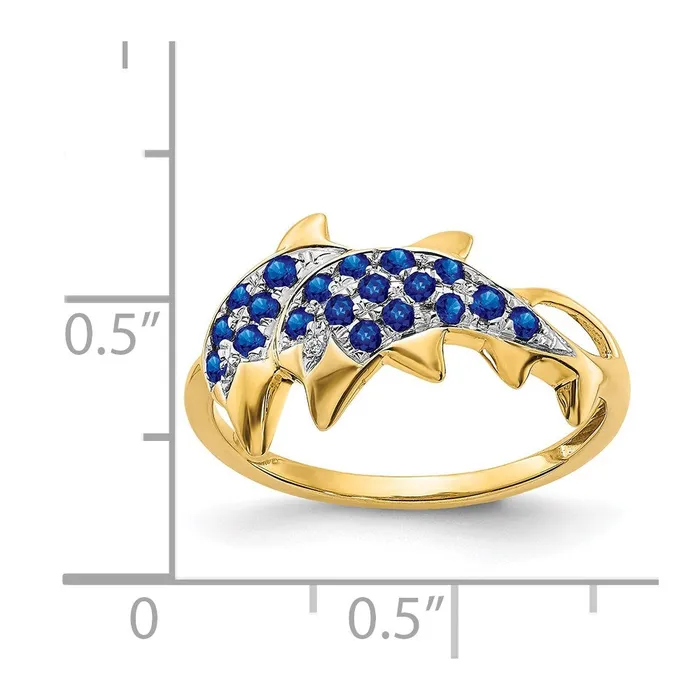 Goldia Rings 14K Yellow Gold w Rhodium Real Diamond and Sapphire Dolphins Ring