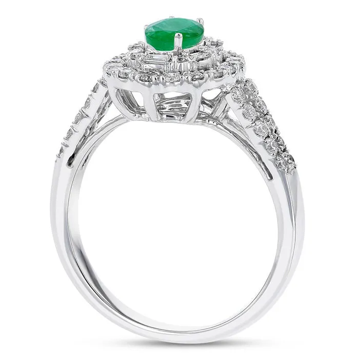 Goldia Rings Oval Emerald and 063 CT TW Natural Diamond Double Geometric Frame Split Shank Engagement Ring in Solid 18K White Gold