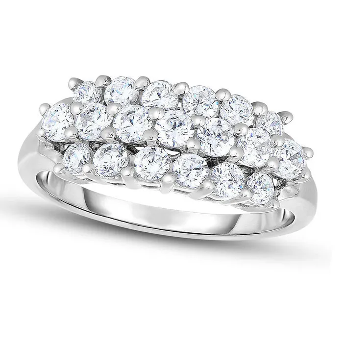 Rings 10 CT TW Natural Diamond Three Row Staggered Anniversary Ring in Solid 14K White Gold Goldia