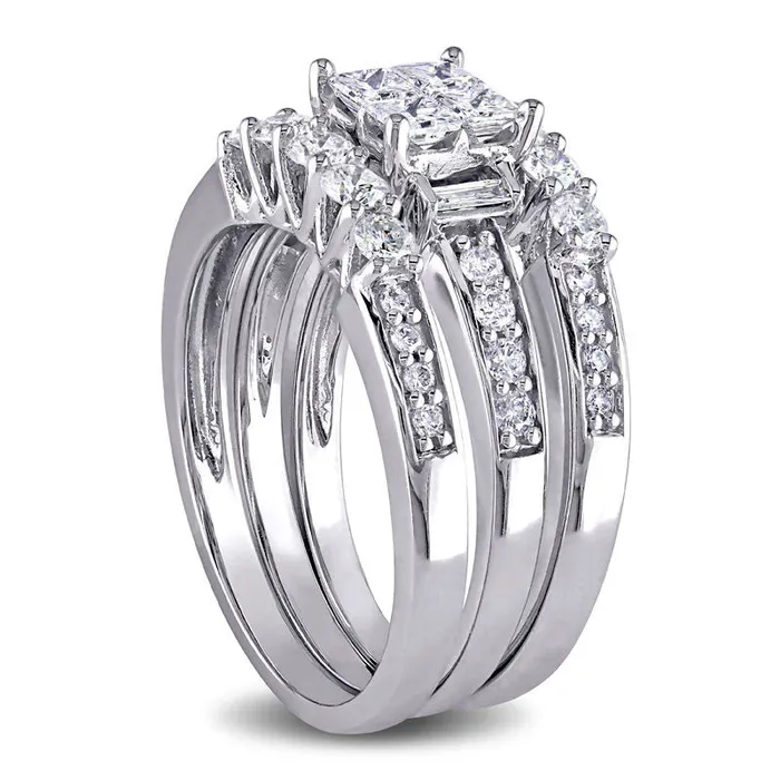 Rings 125 CT TW Quad PrincessCut Natural Diamond Three Piece Bridal Engagement Ring Set in Solid 14K White Gold Goldia
