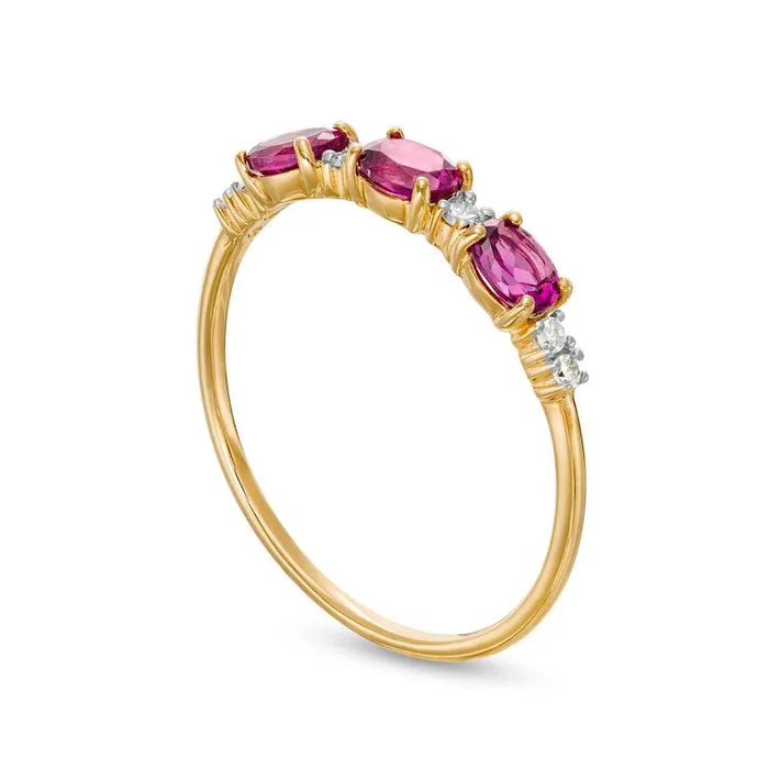 Sideways Oval Rhodolite and 007 CT TW Natural Diamond Three Stone Ring in Solid 10K Yellow Gold Goldia Rings Sideways Oval Rhodolite and 007 CT TW Natural Diamond Three Stone Ring in Solid 10K Yellow Gold Goldia Rings