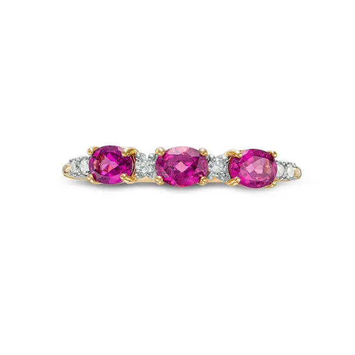 Sideways Oval Rhodolite and 007 CT TW Natural Diamond Three Stone Ring in Solid 10K Yellow Gold Goldia Rings Sideways Oval Rhodolite and 007 CT TW Natural Diamond Three Stone Ring in Solid 10K Yellow Gold Goldia Rings