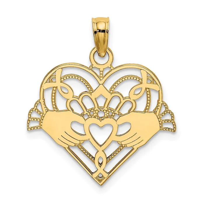14K Polished and Beaded Claddagh In Heart Charm TreasureFineJewelers Charm Necklaces 14K Polished and Beaded Claddagh In Heart Charm TreasureFineJewelers Charm Necklaces