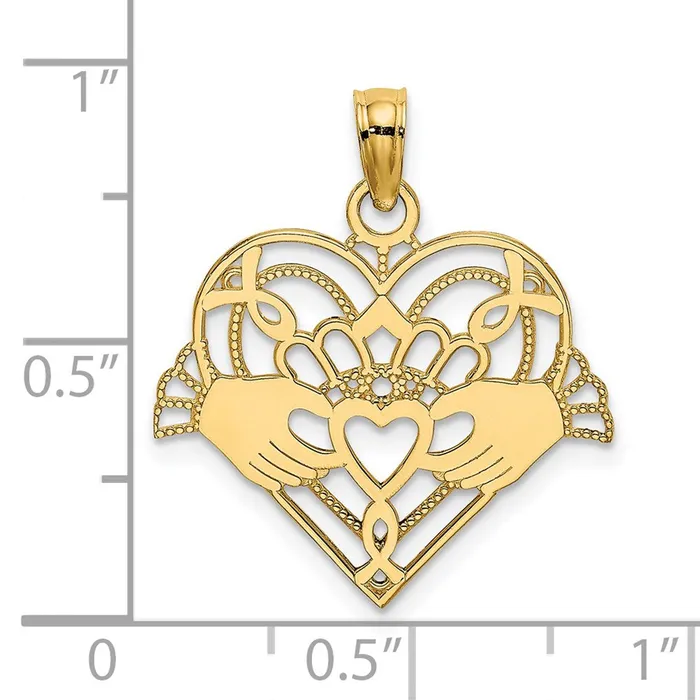 14K Polished and Beaded Claddagh In Heart Charm TreasureFineJewelers Charm Necklaces