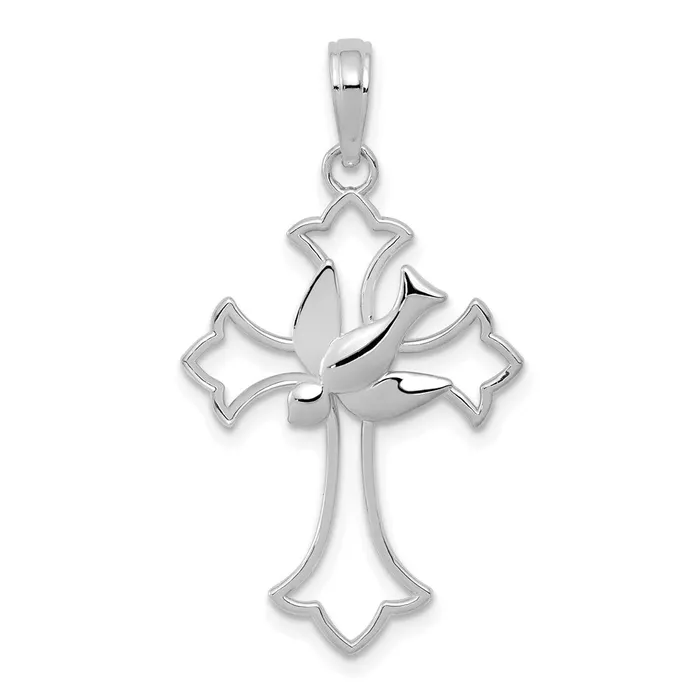 Charm Necklaces 14K White Gold Polished Cross w Dove Charm TreasureFineJewelers Charm Necklaces 14K White Gold Polished Cross w Dove Charm TreasureFineJewelers