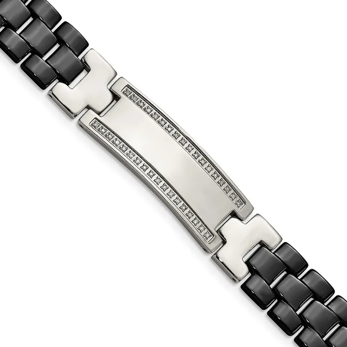 Chisel Stainless Steel Polished with Black Ceramic and 14 carat Diamond 875 inch ID Bracelet TreasureFineJewelers Bracelets
