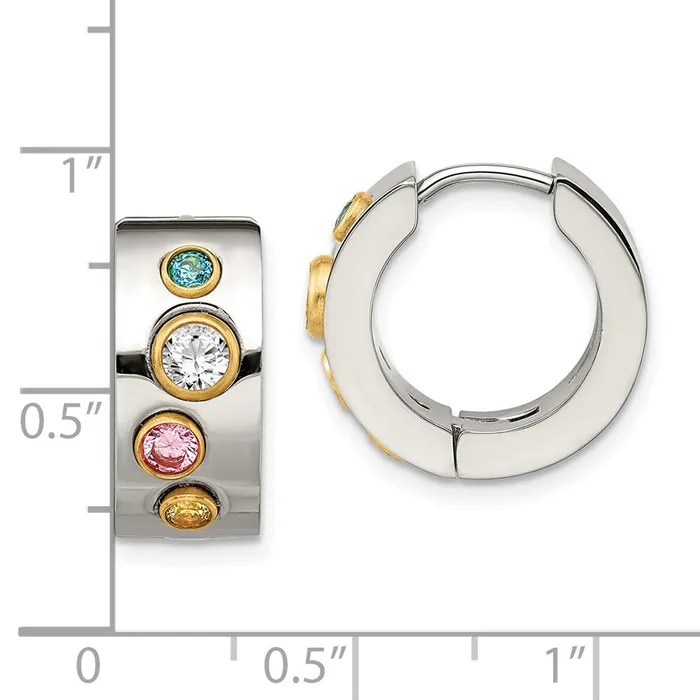 Earrings TreasureFineJewelers Stainless Steel Polished Yellow IP Multicolor CZ 7mm Hinged Hoop Earrings