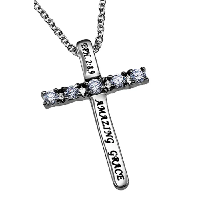North Arrow Shop AMAZING GRACE Cross Necklace with Bible Verse Steel CZ Stones Necklaces