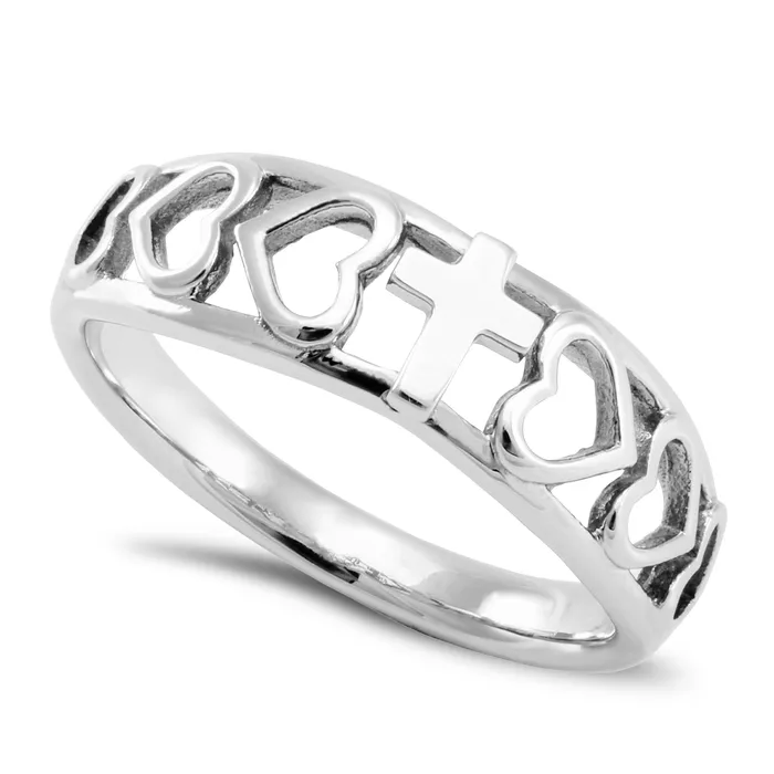 Rings North Arrow Shop Amazing Grace Ring with Heart Cutout and Cross Stainless Steel