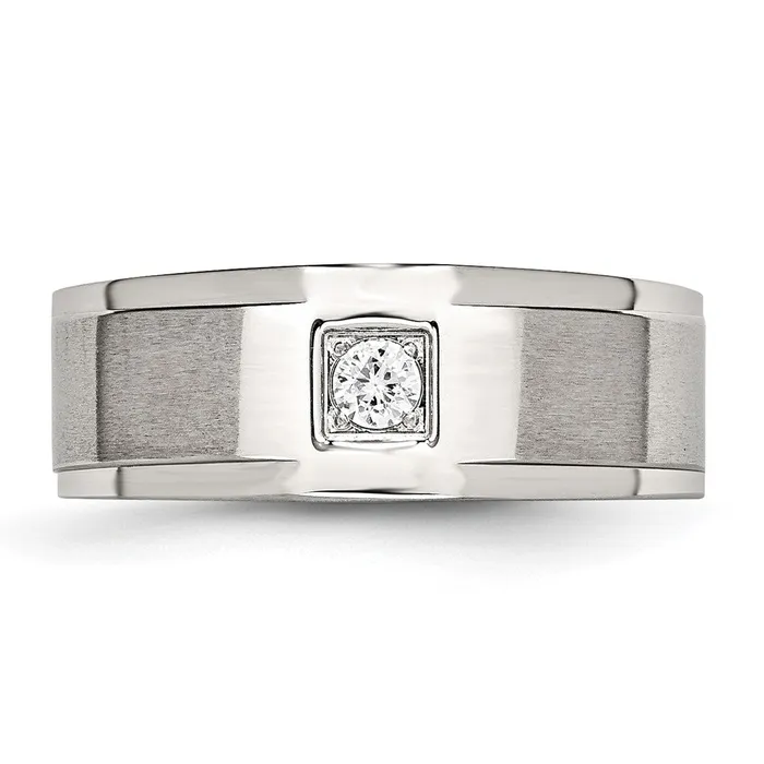 Rings TreasureFineJewelers Stainless Steel Brushed and Polished with CZ Ring