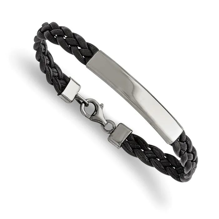 TreasureFineJewelers Bracelets Chisel Stainless Steel Polished Braided Black Leather 725 inch ID Bracelet