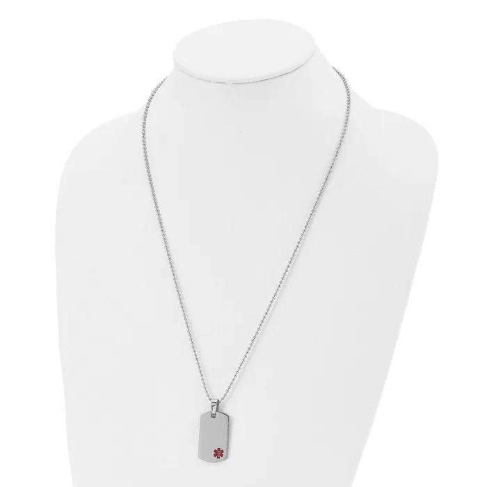 TreasureFineJewelers Necklaces Chisel Stainless Steel Polished with Red Enamel Medical ID Dog Tag on a 24 inch Ball Chain Necklace