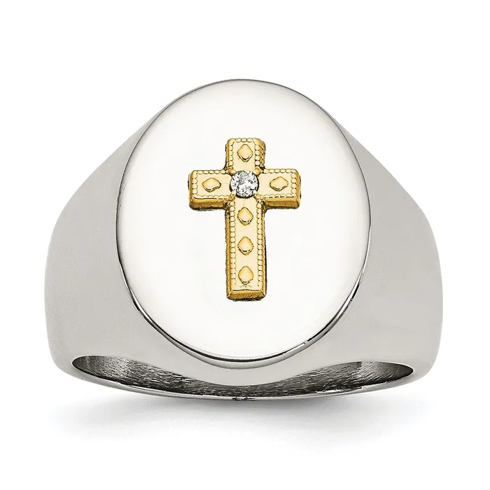 TreasureFineJewelers Rings Stainless Steel Polished w10K Gold Cross and 02ct Diamond Ring