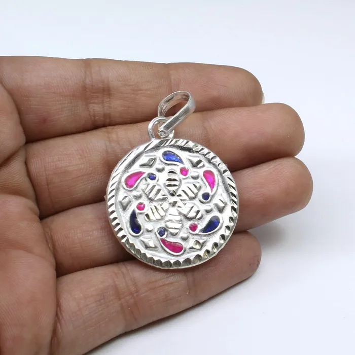 Karizma Jewels Necklaces Traditional Indian Embossed designer enamel sterling silver pendant for women