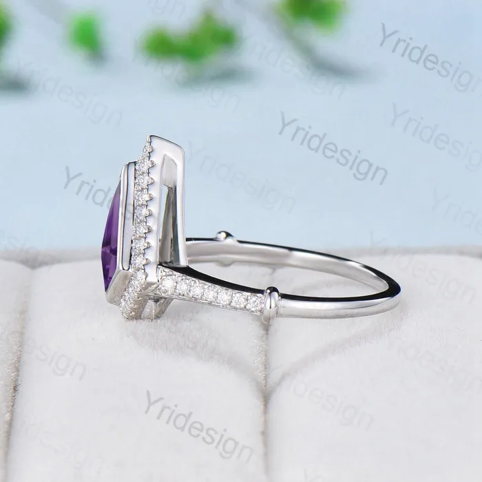 PENFINE Rings Kite shaped amethyst engagement ring Antique halo moissanite diamond wedding ring for women Vintage Style Unique Bridal Ring Solid 14K Gold PENFINE Rings Kite shaped amethyst engagement ring Antique halo moissanite diamond wedding ring for women Vintage Style Unique Bridal Ring Solid 14K Gold