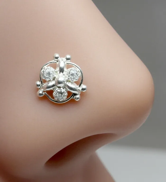 Rings Ethnic Indian 925 Sterling Silver White CZ Indian Nose ring Push Pin Karizma Jewels