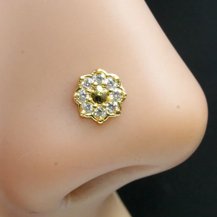 Rings Karizma Jewels Indian Gold Plated Nose Stud White CZ corkscrew piercing nose ring