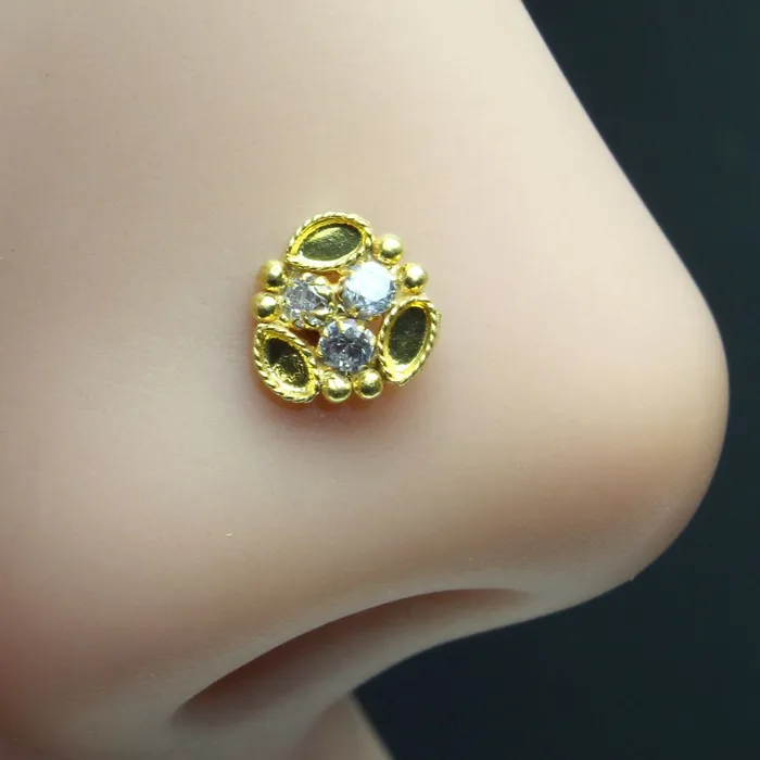 Rings Karizma Jewels Indian Nose ring White CZ studded gold plated corkscrew piercing nose stud