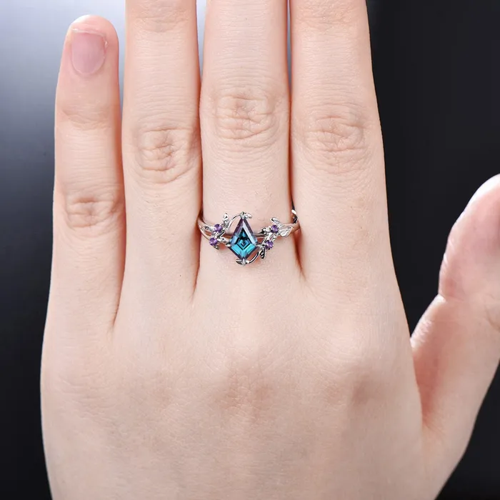 Rings PENFINE Natural Inspired Alexandrite Ring Kite Cut Vintage Unique Twig Engagement Ring Cluster Amethyst Wedding Ring Women Art Deco Leaf Branch Ring