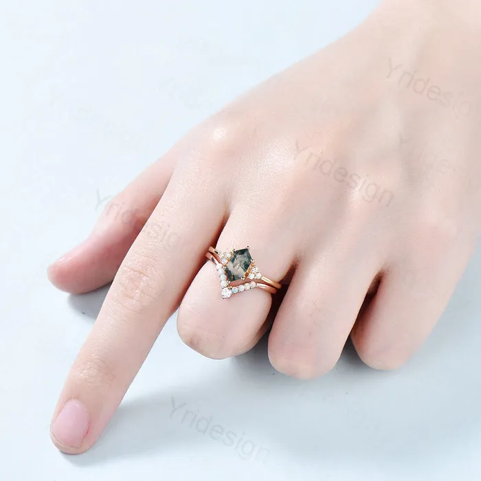 Rings PENFINE Unique hexagon moss agate ring women vintage green moss agate engagement ring set opal moissanite wedding set anniversary promise ring Rings PENFINE Unique hexagon moss agate ring women vintage green moss agate engagement ring set opal moissanite wedding set anniversary promise ring