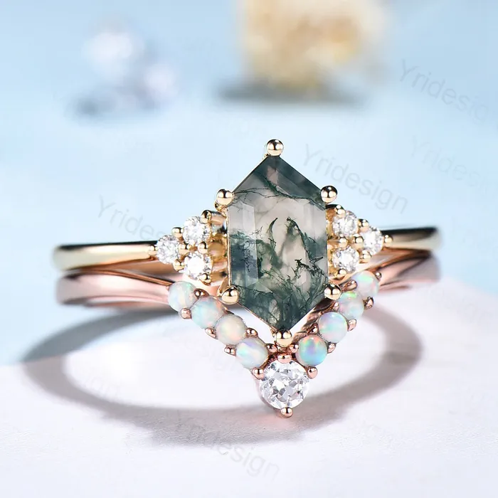 Rings PENFINE Unique hexagon moss agate ring women vintage green moss agate engagement ring set opal moissanite wedding set anniversary promise ring Rings PENFINE Unique hexagon moss agate ring women vintage green moss agate engagement ring set opal moissanite wedding set anniversary promise ring