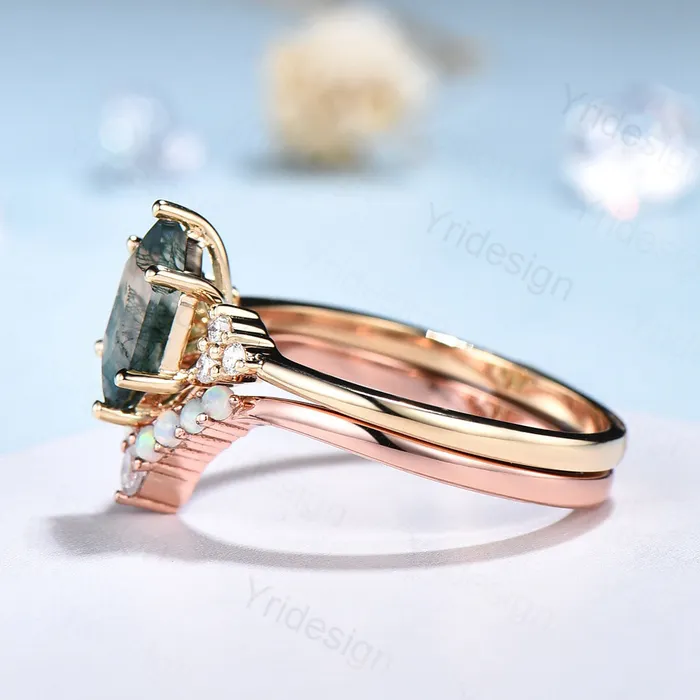 Rings PENFINE Unique hexagon moss agate ring women vintage green moss agate engagement ring set opal moissanite wedding set anniversary promise ring Rings PENFINE Unique hexagon moss agate ring women vintage green moss agate engagement ring set opal moissanite wedding set anniversary promise ring
