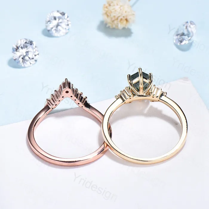Rings PENFINE Unique hexagon moss agate ring women vintage green moss agate engagement ring set opal moissanite wedding set anniversary promise ring Rings PENFINE Unique hexagon moss agate ring women vintage green moss agate engagement ring set opal moissanite wedding set anniversary promise ring