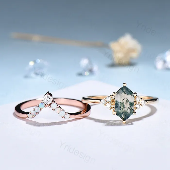 Rings PENFINE Unique hexagon moss agate ring women vintage green moss agate engagement ring set opal moissanite wedding set anniversary promise ring Rings PENFINE Unique hexagon moss agate ring women vintage green moss agate engagement ring set opal moissanite wedding set anniversary promise ring