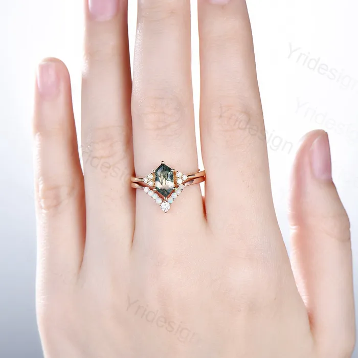 Rings PENFINE Unique hexagon moss agate ring women vintage green moss agate engagement ring set opal moissanite wedding set anniversary promise ring Rings PENFINE Unique hexagon moss agate ring women vintage green moss agate engagement ring set opal moissanite wedding set anniversary promise ring