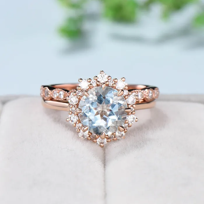 Vintage Aquamarine Engagement Ring Set Rose Gold Art Deco Marquise Moissanite Wedding Ring Set Women Open Gap Diamond Stacking Bridal Set PENFINE Rings