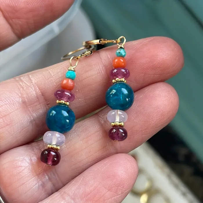 Bohemian Drop Earrings Apatite Moon Quartz Garnet Pink Sapphire Coral and Turquoise Gold Filled Handmade Vintage Paris Jewelry Earrings