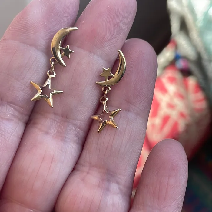 Earrings Vintage Paris Jewelry Moon Star Dangle Earrings 14k Gold Vintage