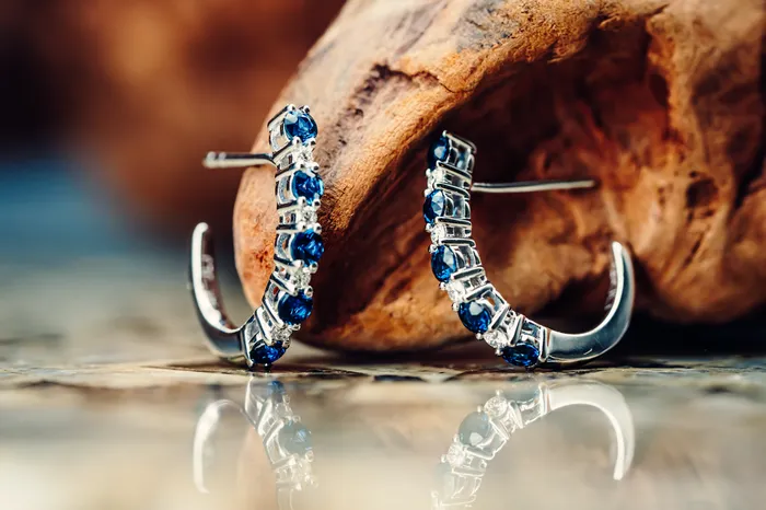 GBC Earrings 14k White Gold Sapphire and Diamond Hoop Earrings