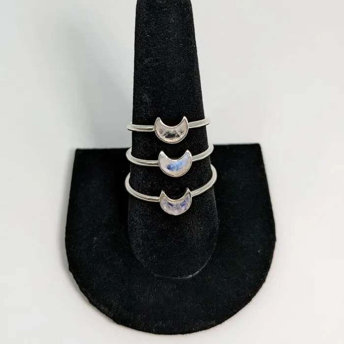 Rings Bliss Crystals Rainbow Moonstone Mini Crescent Moon Sterling Silver Dainty Ring SK6667