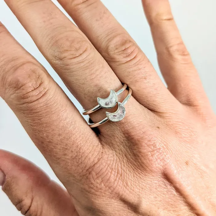Rings Bliss Crystals Rainbow Moonstone Mini Crescent Moon Sterling Silver Dainty Ring SK6667