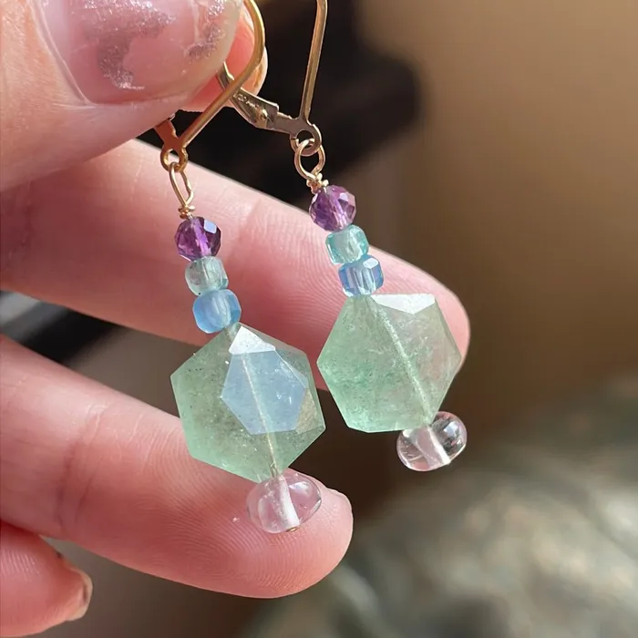 Vintage Paris Jewelry Earrings Ocean Drop Earrings Chalcedony Fluorite and Apatite Gold Filled Handmade