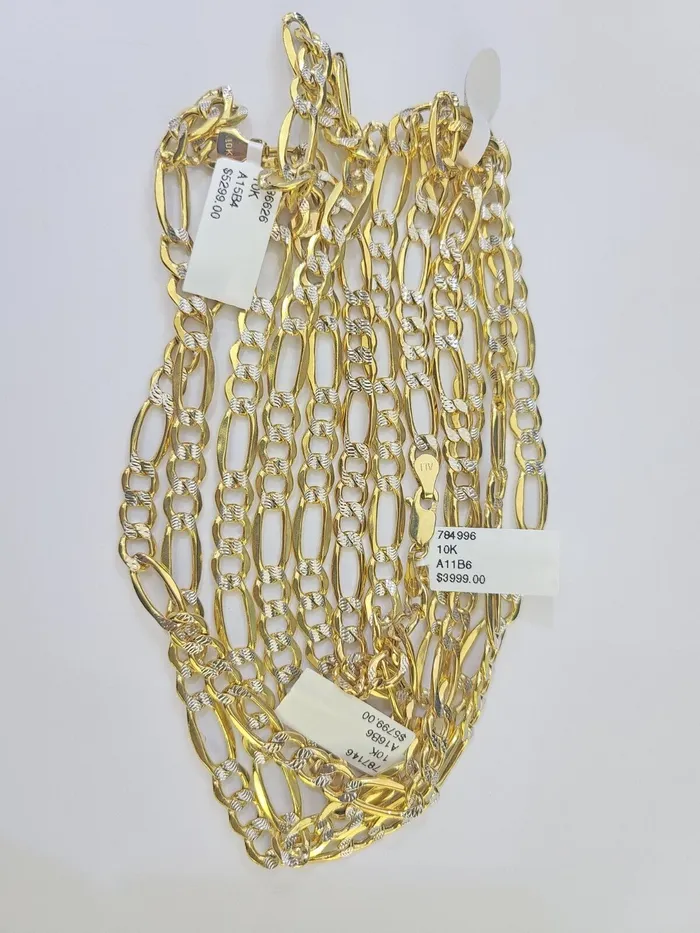 10K Figaro Link Chain Necklace Yellow Gold 65mm 20 22 24 26 28 30 10kt Gold and Diamond Necklaces