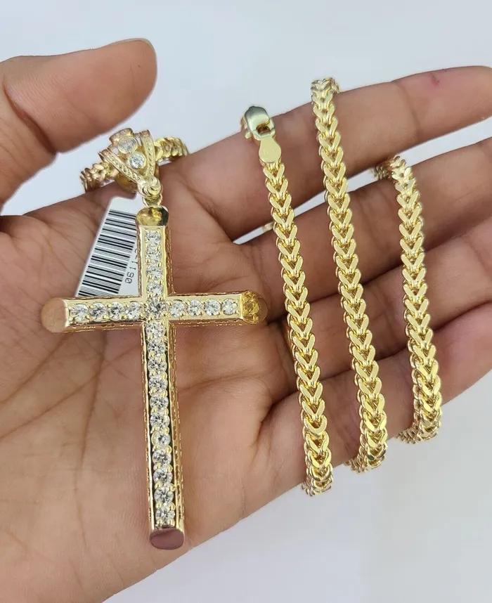 10K Franco Chain Jesus Cross Pendant Charm Necklace 2028 4mm Gold Yellow SET Gold and Diamond Necklaces 10K Franco Chain Jesus Cross Pendant Charm Necklace 2028 4mm Gold Yellow SET Gold and Diamond Necklaces