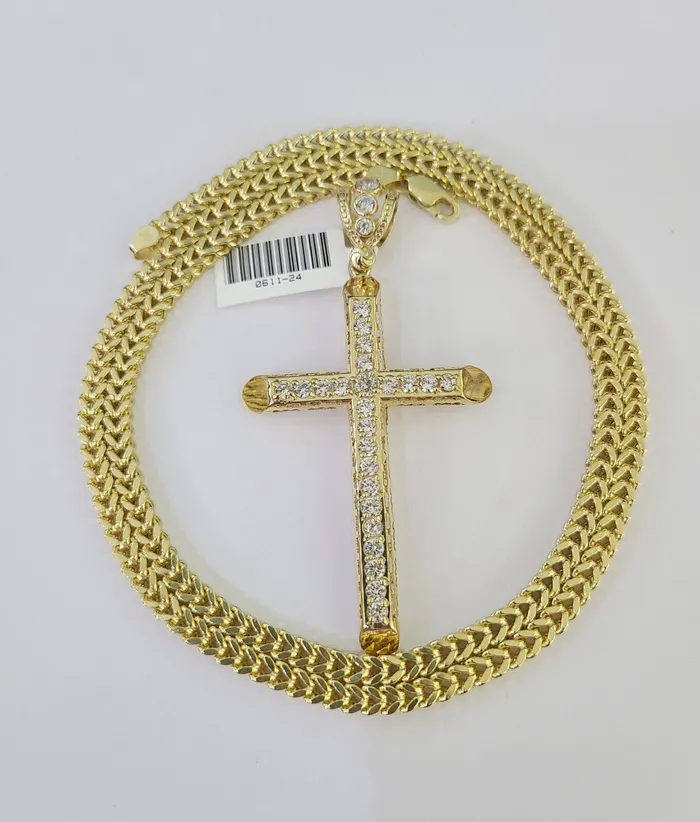 10K Franco Chain Jesus Cross Pendant Charm Necklace 2028 4mm Gold Yellow SET Gold and Diamond Necklaces