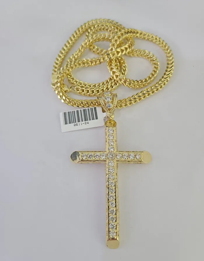 10K Franco Chain Jesus Cross Pendant Charm Necklace 2028 4mm Gold Yellow SET Gold and Diamond Necklaces