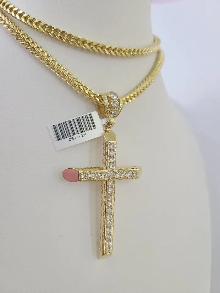 10K Franco Chain Jesus Cross Pendant Charm Necklace 2028 4mm Gold Yellow SET Gold and Diamond Necklaces
