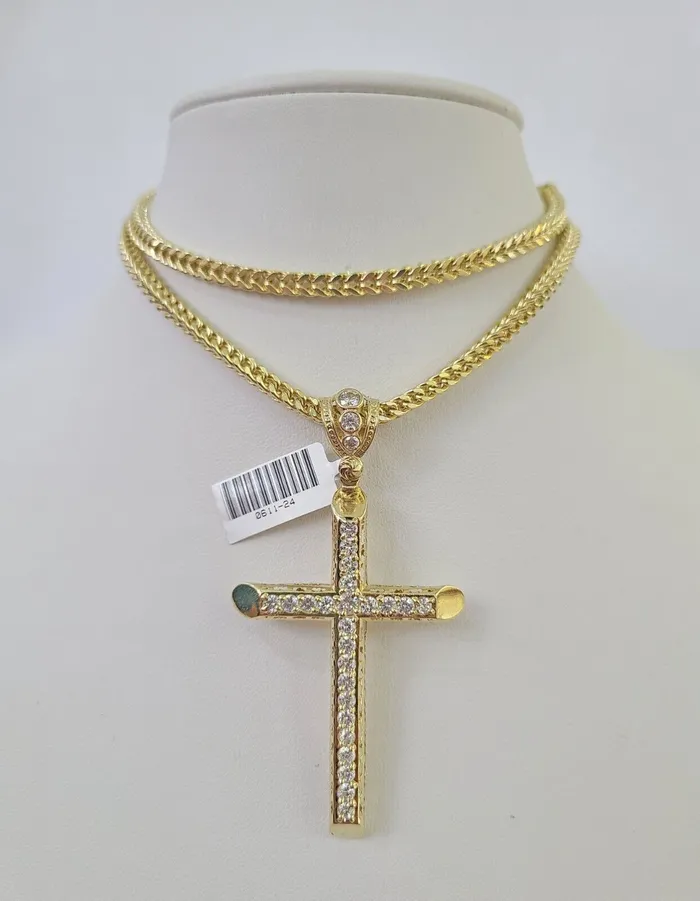 10K Franco Chain Jesus Cross Pendant Charm Necklace 2028 4mm Gold Yellow SET Gold and Diamond Necklaces