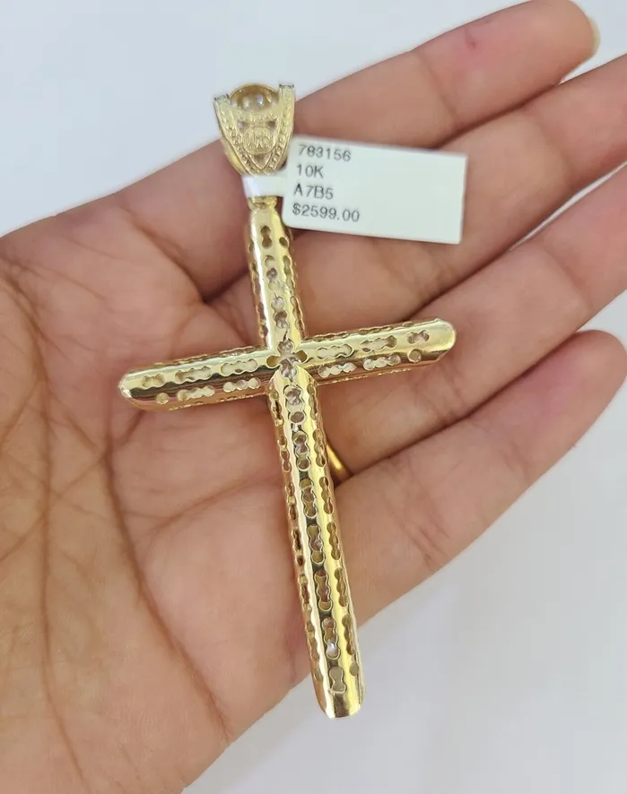 10K Franco Chain Jesus Cross Pendant Charm Necklace 2028 4mm Gold Yellow SET Gold and Diamond Necklaces