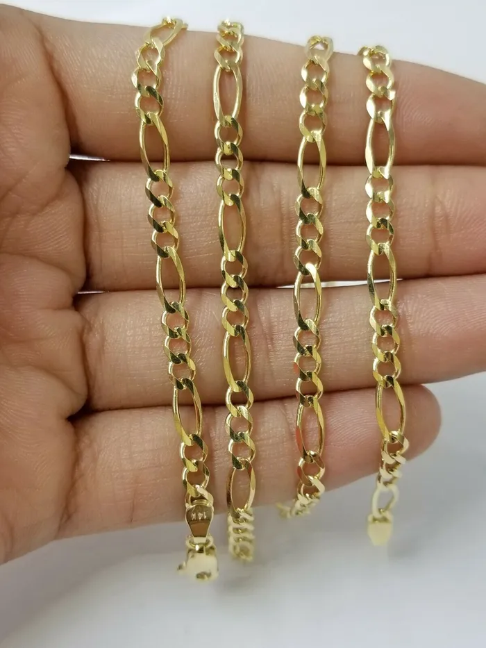 14KT Yellow Gold Figaro Link Chain 4mm Necklace 18 20 22 24 26 Real Gold and Diamond Necklaces