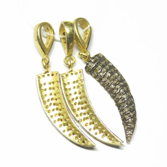 Beads Supplies USA Necklaces 1pc Dagger Pave Diamond 925 Sterling Silver Gold Vermeil Charm Pendant 35mm x 6mm