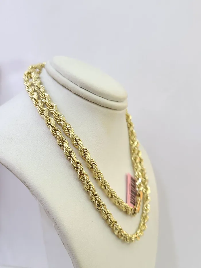 Globalwatches10 14K Yellow Gold 5mm Rope Chain 20 Inch Diamond cuts necklace Real 14KT For Men Necklaces